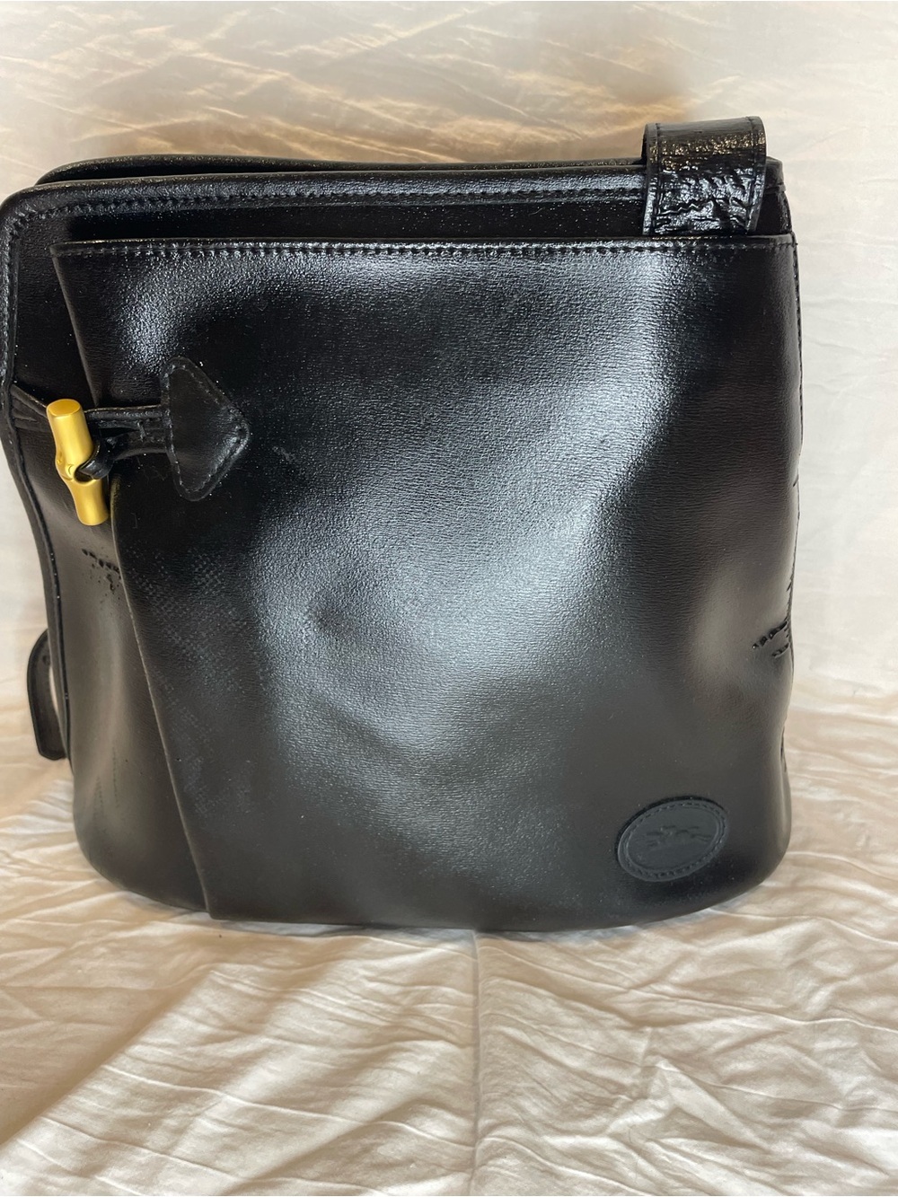 Vintage Longchamp Black Leather Crossbody Bucket Bag Gold Hardware France projec